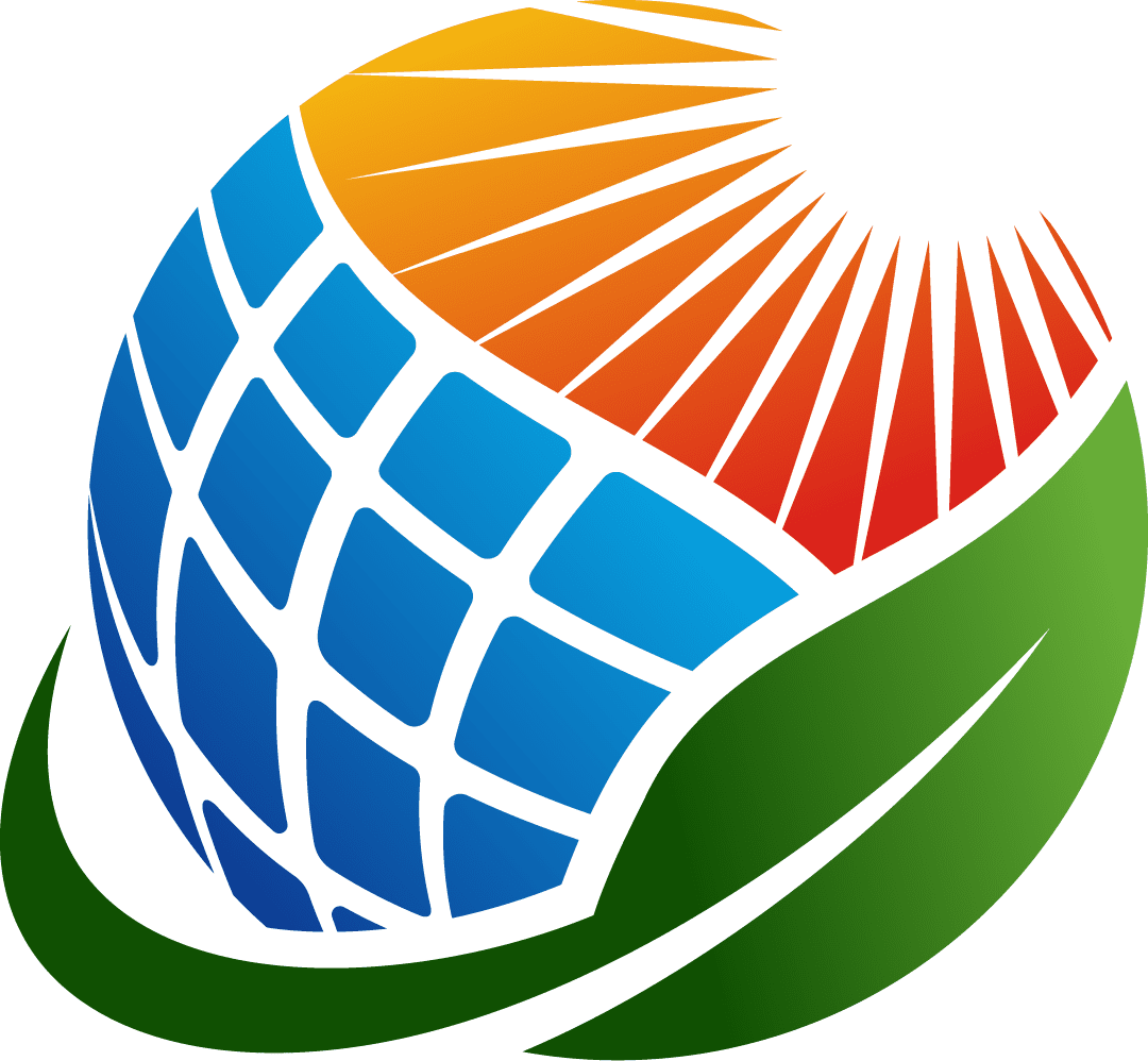 An abstract logo featuring a globe with blue grid pattern, orange and red sunburst on top, and green leaf elements at the bottom.